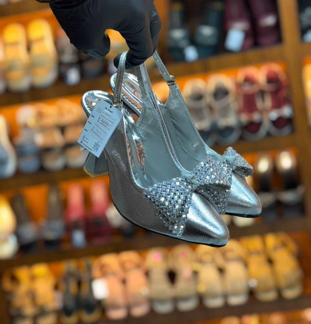 Noir Crystal Bow Slingback Heels