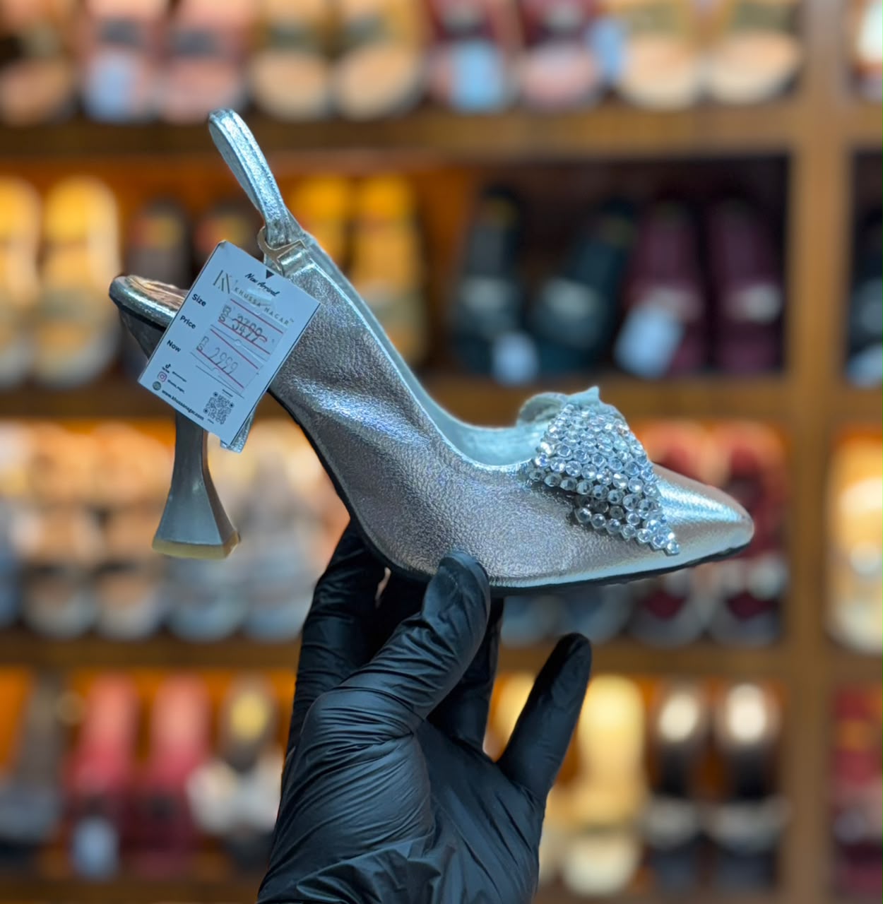 Noir Crystal Bow Slingback Heels