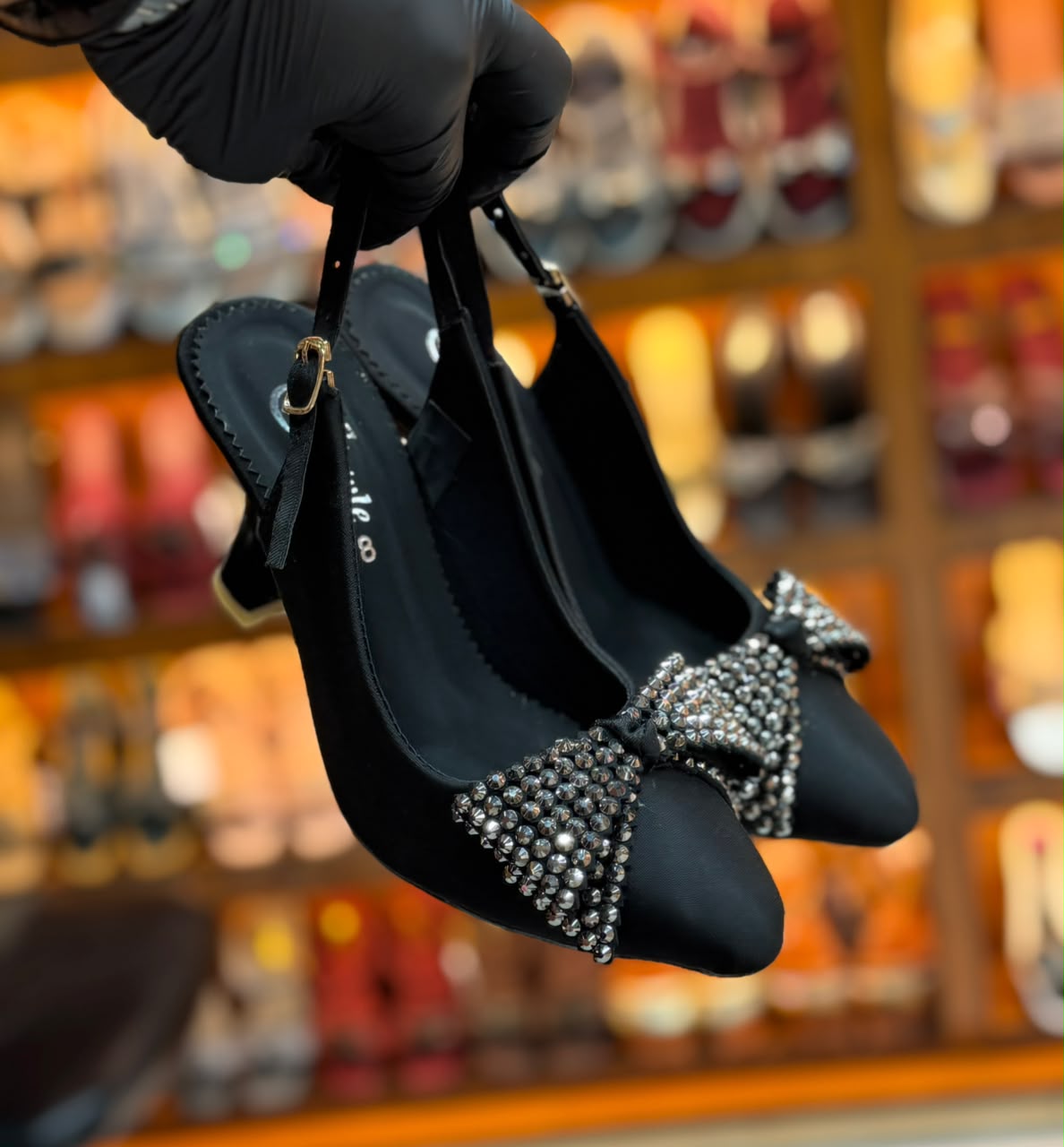 Noir Crystal Bow Slingback Heels