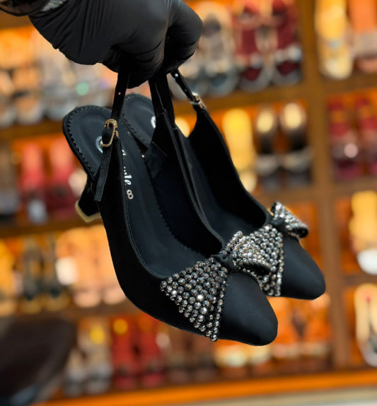 Noir Crystal Bow Slingback Heels