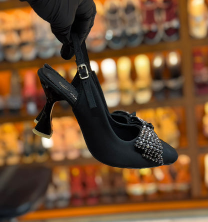 Noir Crystal Bow Slingback Heels