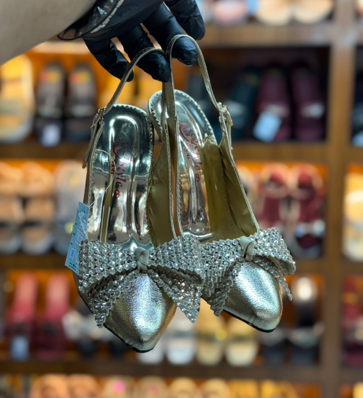 Noir Crystal Bow Slingback Heels