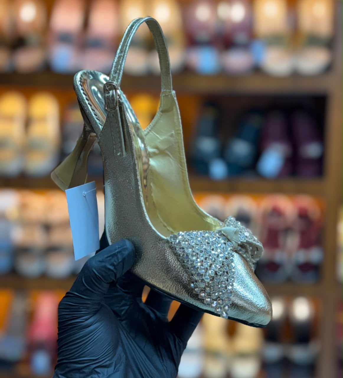 Noir Crystal Bow Slingback Heels